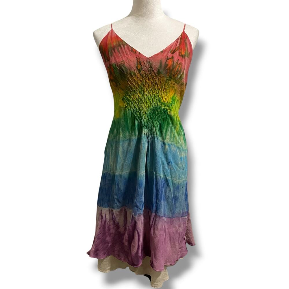 Max Studio Tie Dyed Slip Dress Size XL 100% Silk with Smocked Bodice Lined